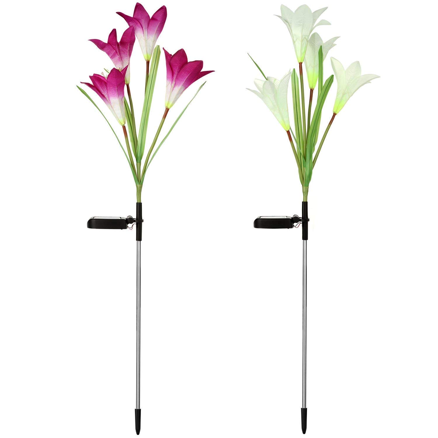 2 Pack Outdoor Solar Lights, AOIEORD Multi-Colors Changing Solar LED Flower Stake Lights with 8 Lily Flowers, Perfect for Garden, Patio, Backyard Decorating Halloween & Christmas (Purple & White)