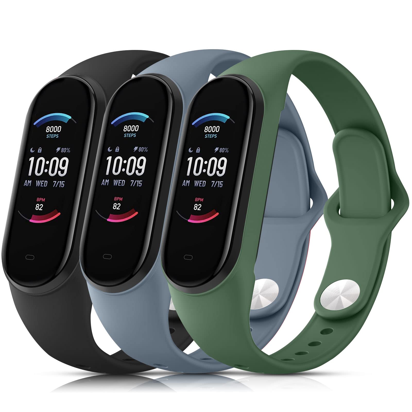 Vancle Straps for Xiaomi Mi Band 5 / Mi Band 6 Strap, Adjustable Soft Silicone Sport Strap Replacement Band for Women Men (Black+Blue grey+Green)