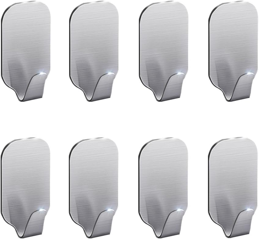Hgery Adhesive Hooks, 3M Self Adhesive Wall Hooks for Key Robe Coat Towel, Super Strong Heavy Duty Stainless Steel Wall Mount Hooks, No Dill No Screw, Waterproof, for Kitchen Bathroom Toilet, 8 Pieces