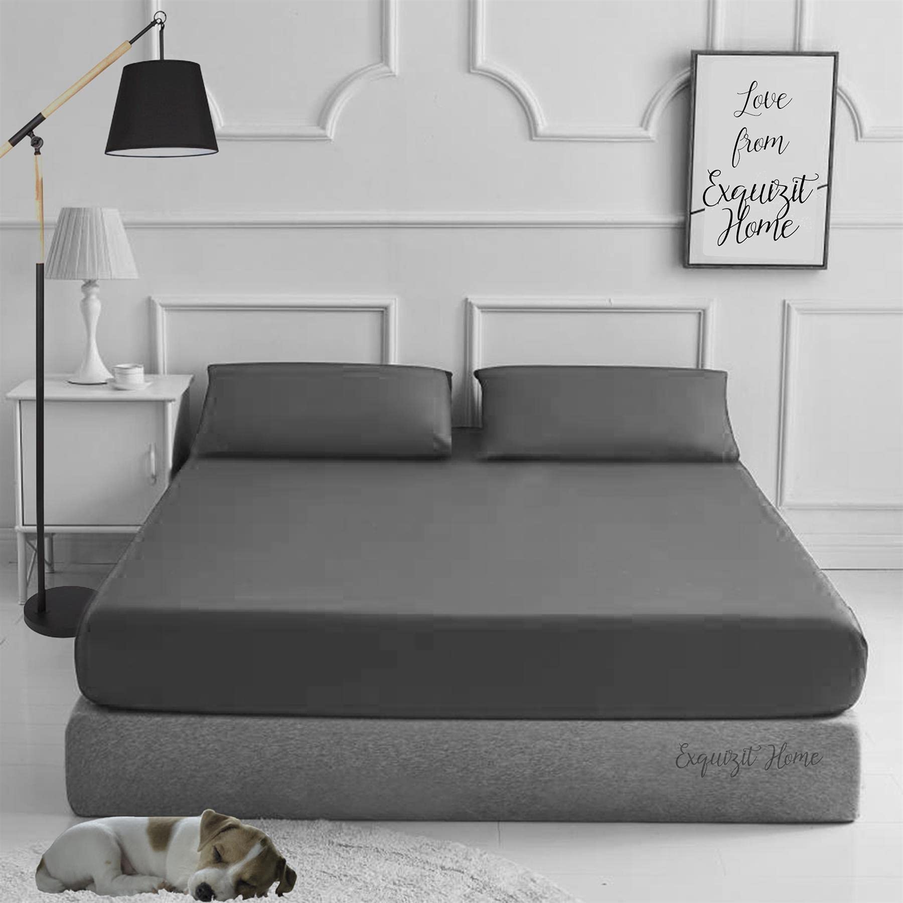EXQUIZIT HOME Fitted Bed Sheet with Pillowcases Pack of 2 – Plain Dyed Poly Cotton Percale Easy Care 180TC, Soft & Durable 50% Cotton 50% Polyester, Grey, King