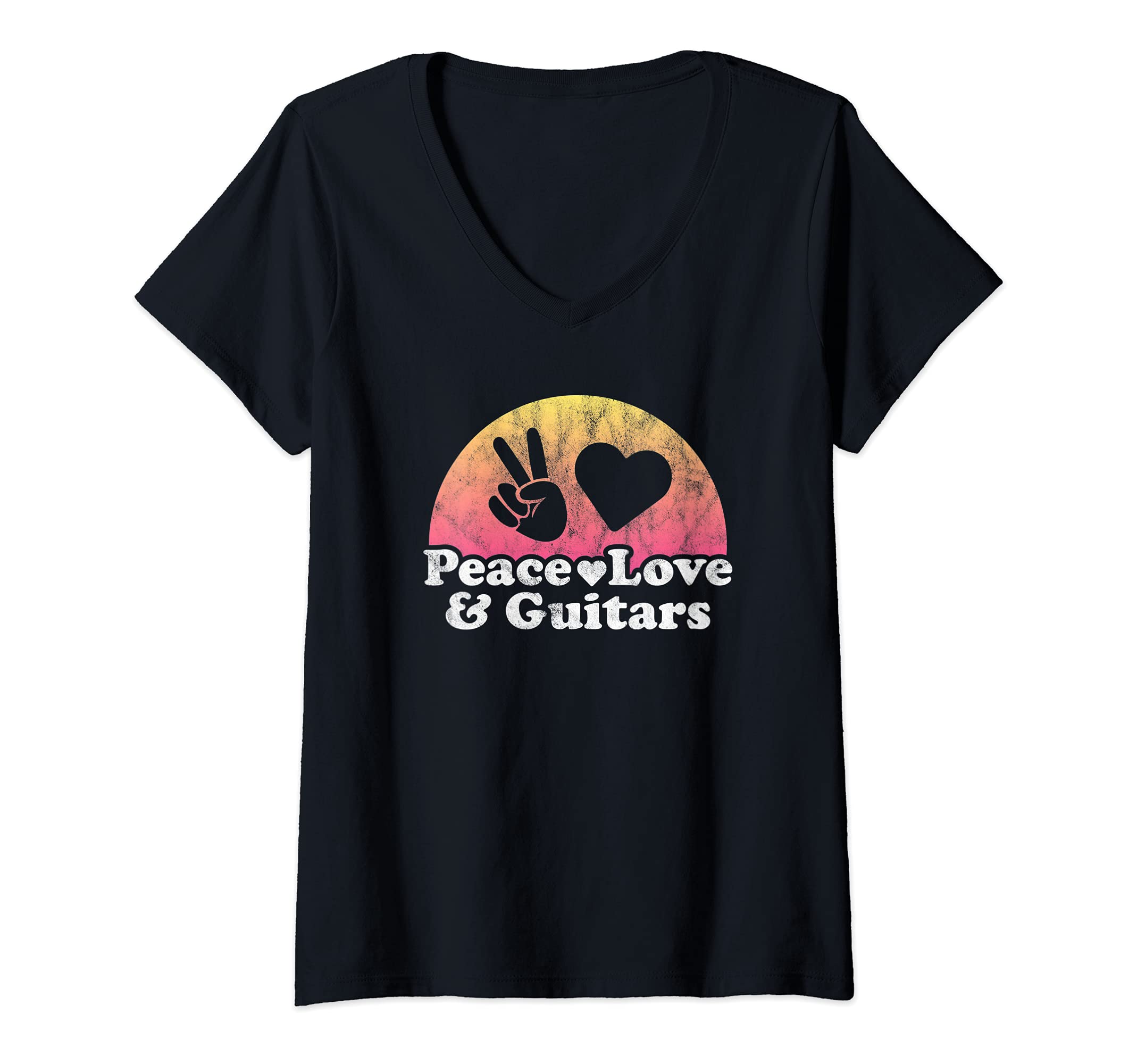 Womens Peace Love and Guitars Guitar V-Neck T-Shirt