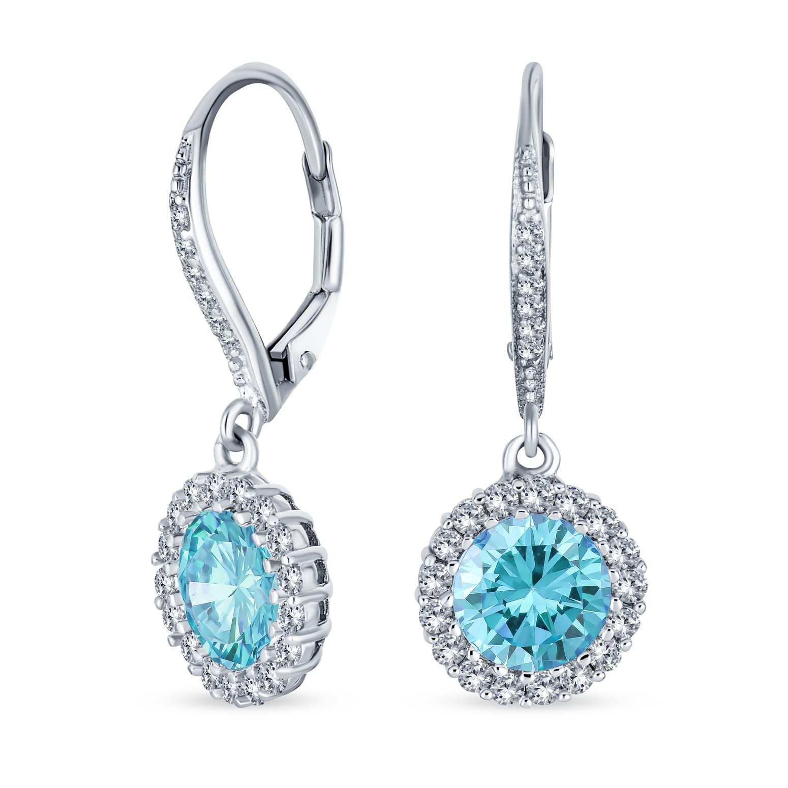 3CT Aqua Blue Round Solitaire Halo CZ Lever back Dangle Earrings Simulated Aquamarine Cubic Zirconia .925 Sterling Silver — image 1