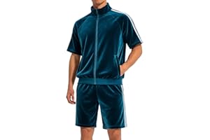 SAMDIPLUS Velour Tracksuit Mens 2 Piece Set Casual Short Sleeve Sweatsuit Outfits Zip Up Velvet Jacket Pants Set