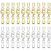 PH PandaHall 20 Sets Fold Over Cord End Caps Necklace Cord Ends Brass Lobster Claw Clasps Terminators End Tips Crimp Covers Clips for Ribbon Tassel Bracelet Necklace Jewelry Making, Silver Golden