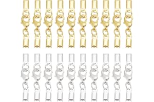 PH PandaHall 20 Sets Fold Over Cord End Caps Necklace Cord Ends Brass Lobster Claw Clasps Terminators End Tips Crimp Covers Clips for Ribbon Tassel Bracelet Necklace Jewelry Making, Silver Golden