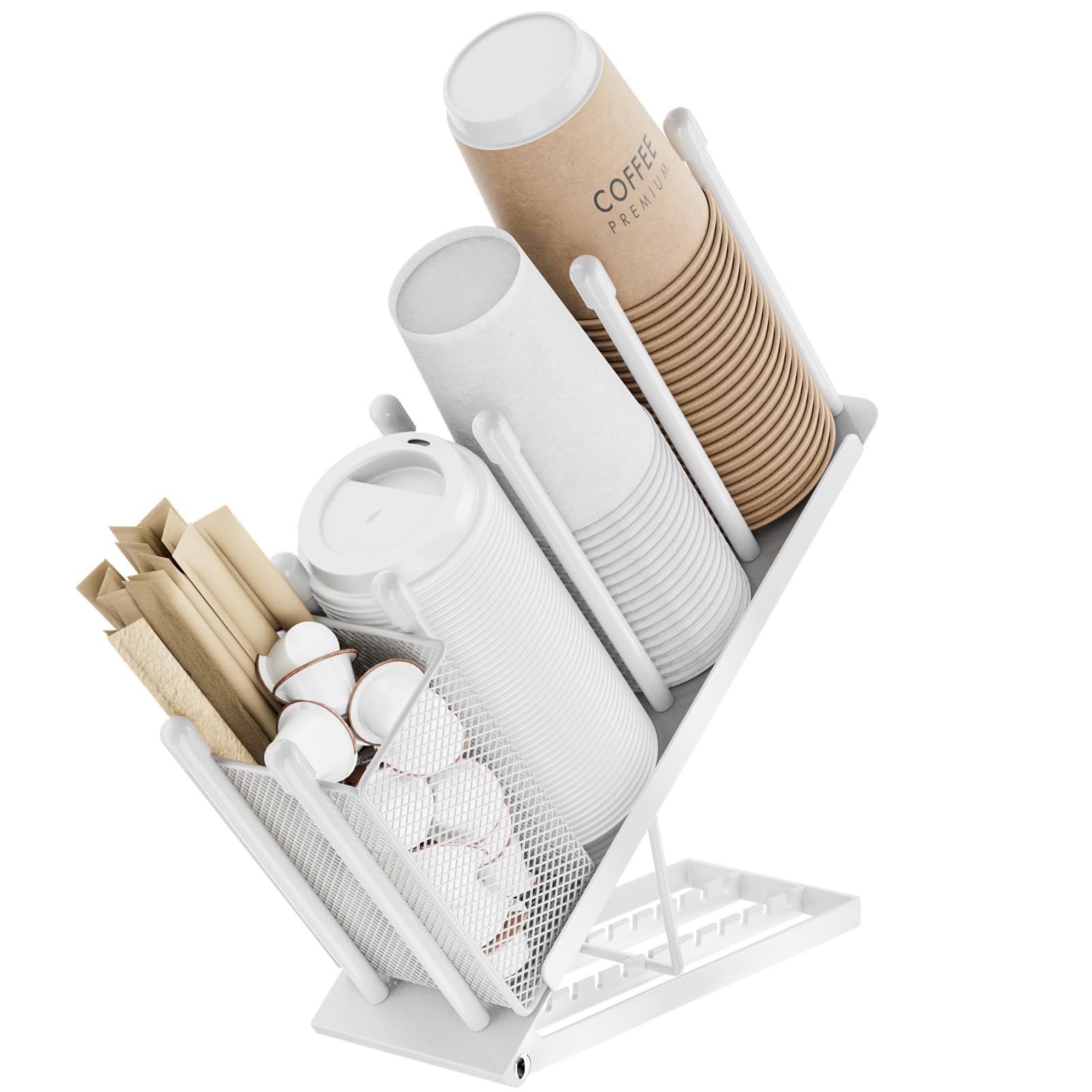 Adjustable Cup Holder and Lid Holder – Coffee Cup Holder Organizer with Dispenser for Disposable 4 Compartments Basket Straw Holder Pods for Coffee Station Bar in Metal, White