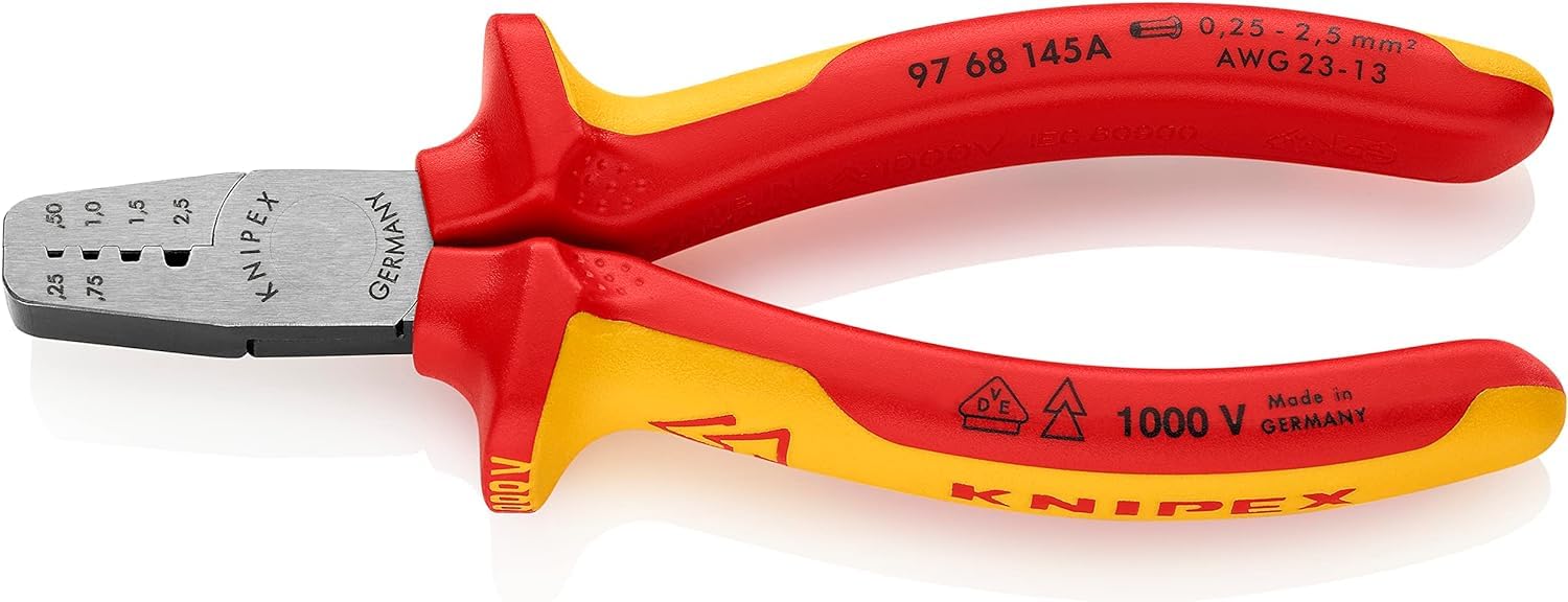 KNIPEX Crimping Pliers for Wire Ferrules Insulated with Multi-Component Grips, VDE-Tested 145 mm, 97 68 145 A
