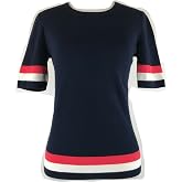 Cabi Hampton Shell Knit Top, is Navy with red and White Stripe at Sleeve and Hem.