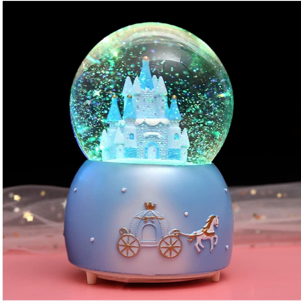 Musical Snow Globe Music Box Crystal Ball illuminated Musical Ornament Melody Artware Birthday Christmas New Year Musical Gift for Girls Children Kids (Blue)