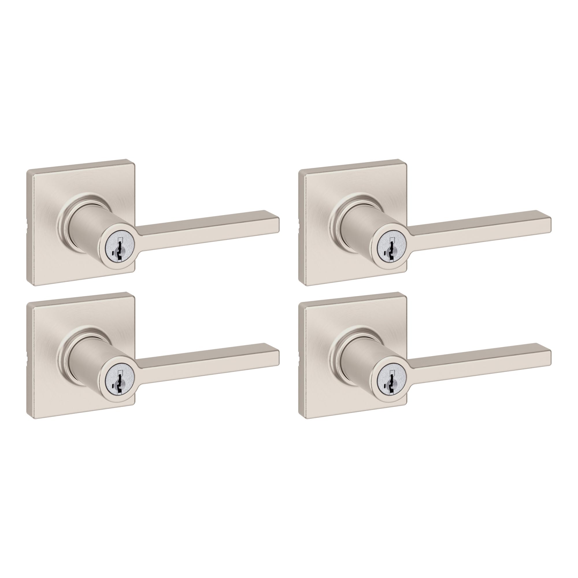 Kwikset Casey Entry Door Handle with Lock and Key, Secure Keyed Reversible Lever Exterior, for Front Entrance and Bedrooms, Satin Nickel, 4 Pack, Pick Resistant SmartKey Rekey Security and Microban Image