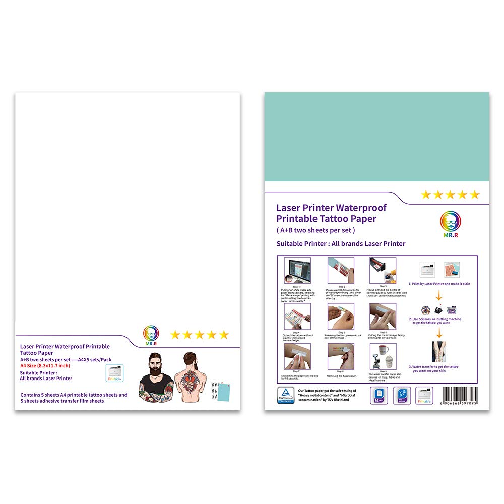 MR.R Laser Printable Waterproof Water Transfer Temporary Tattoo Paper A4 210 x 297mm Pack of 5 Sets (A + B per Set)