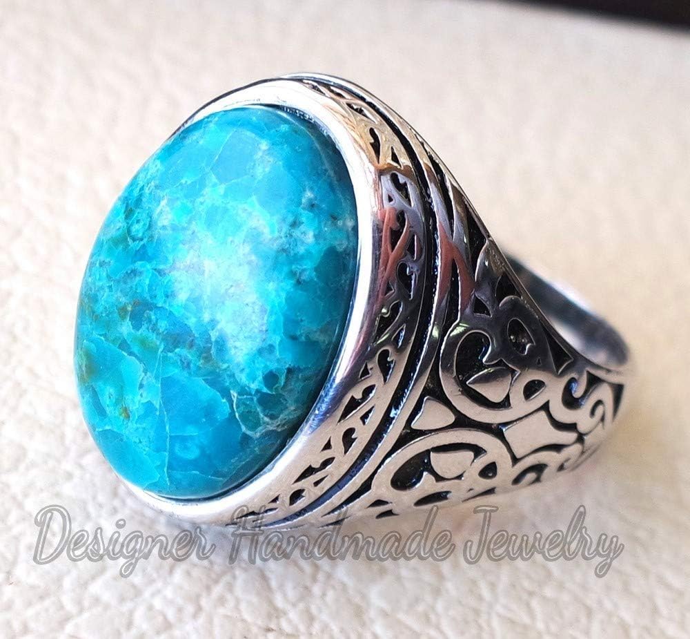 Man ring turquoise natural stone sterling silver 925 oval cabochon semi-precious blue gemstone ottoman arabic style all sizes jewelry, heavy mans ring