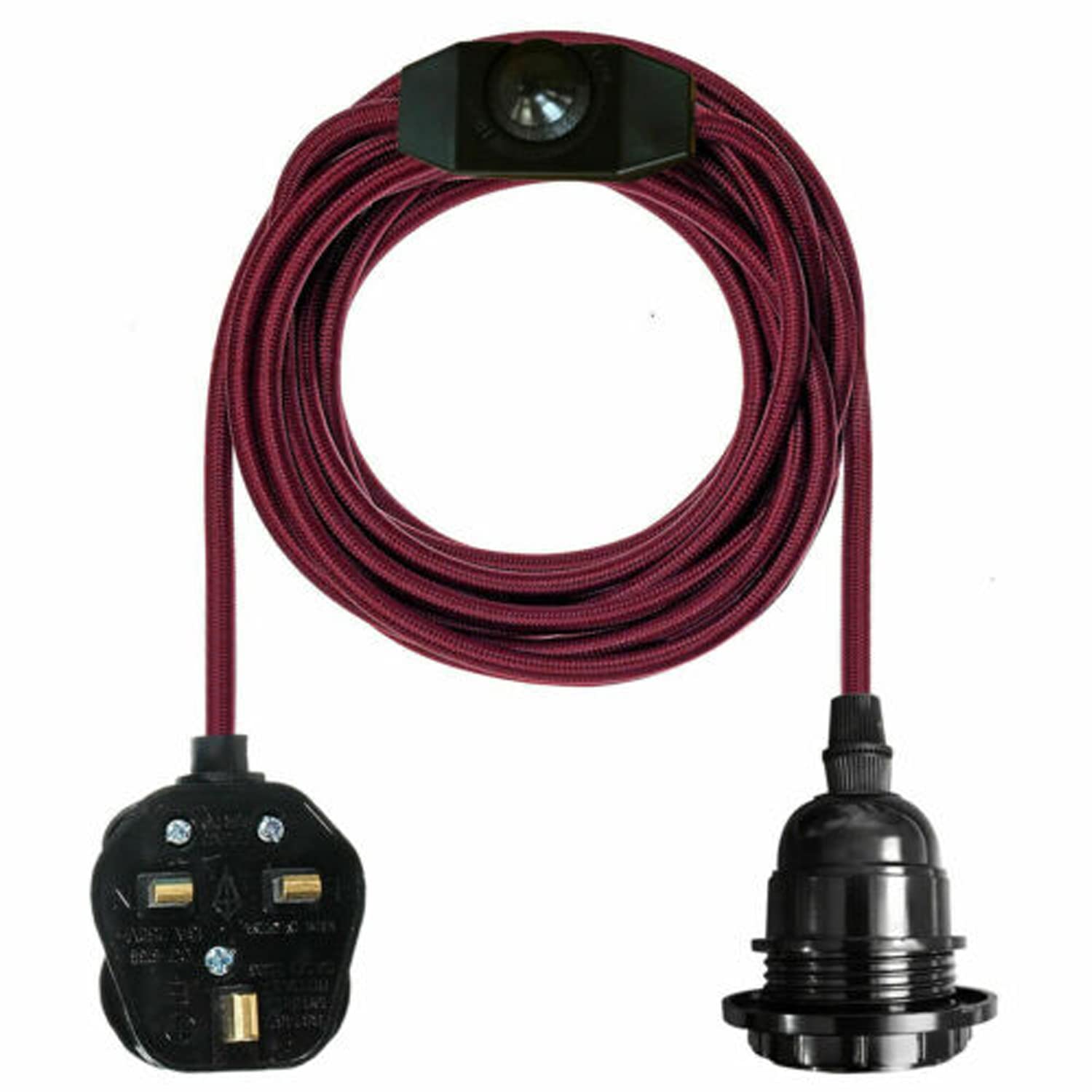 Pendant Light Ceiling Lighting Fitting, E27 Lamp Holder Suspended 4m Fabric cable Plug in Pendant with Dimmer Switch (Burgundy) — image 1