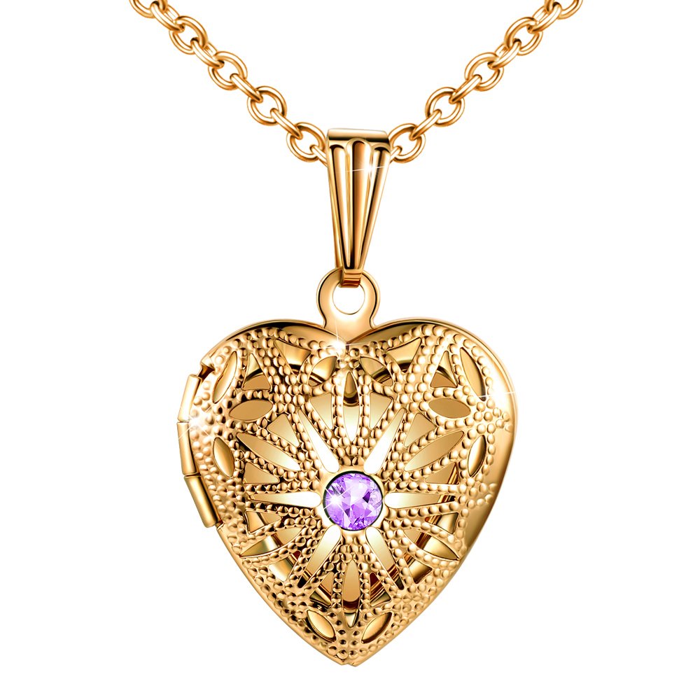 MicLee Ladies Necklace Photo Locket Pictures Amulet Purple Cubic Zirconia Heart Pendant Necklace Stainless Steel with Gift Box Greeting Card