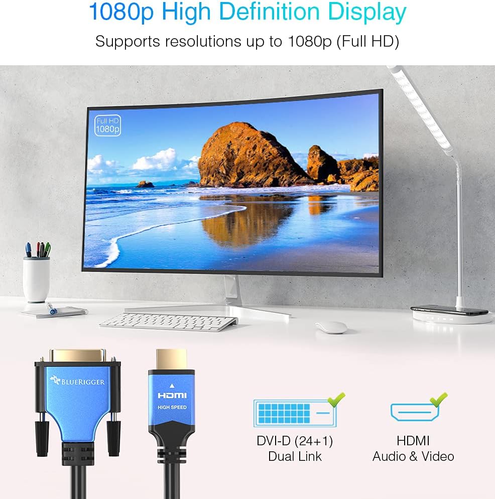BlueRigger HDMI to DVI Adapter Cable (6.6 Feet, Bi-Directional Monitor Cable, DVI-D 24+1, High-Speed, Male to Male): Camera & Photo