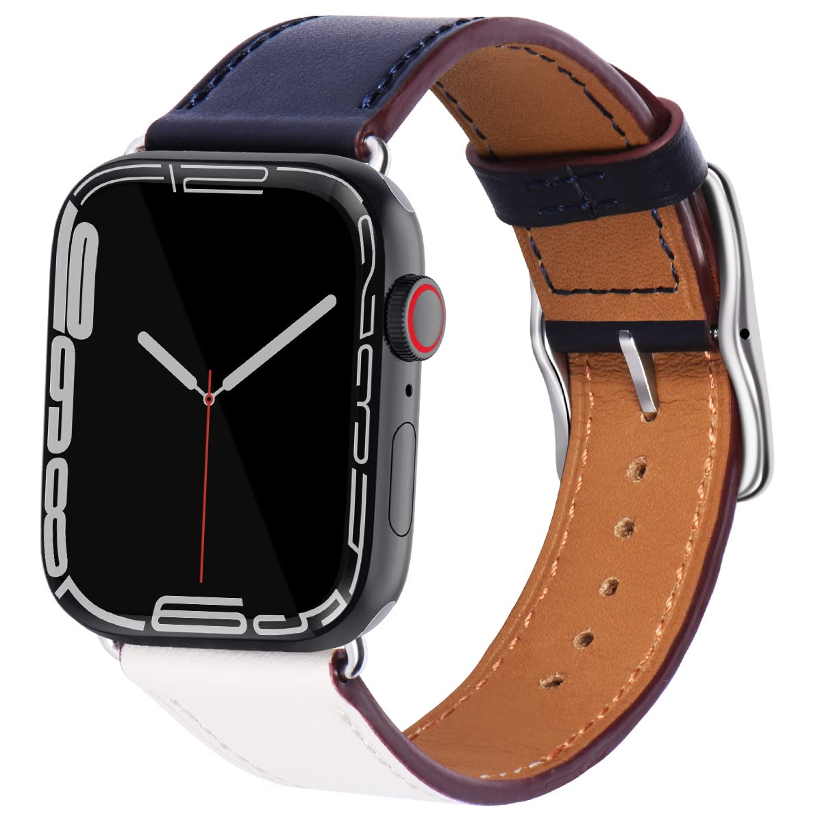 KADES Compatible for Apple Watch Strap 45mm Series 8/7/SE/6/5/4/3/2/1, Genuine Leather Strap Retro for iWatch 45mm/44mm/42mm Series 8/7/SE/6/5/4/3/2/1 (Indigo White Orange Band + Silver Buckle)