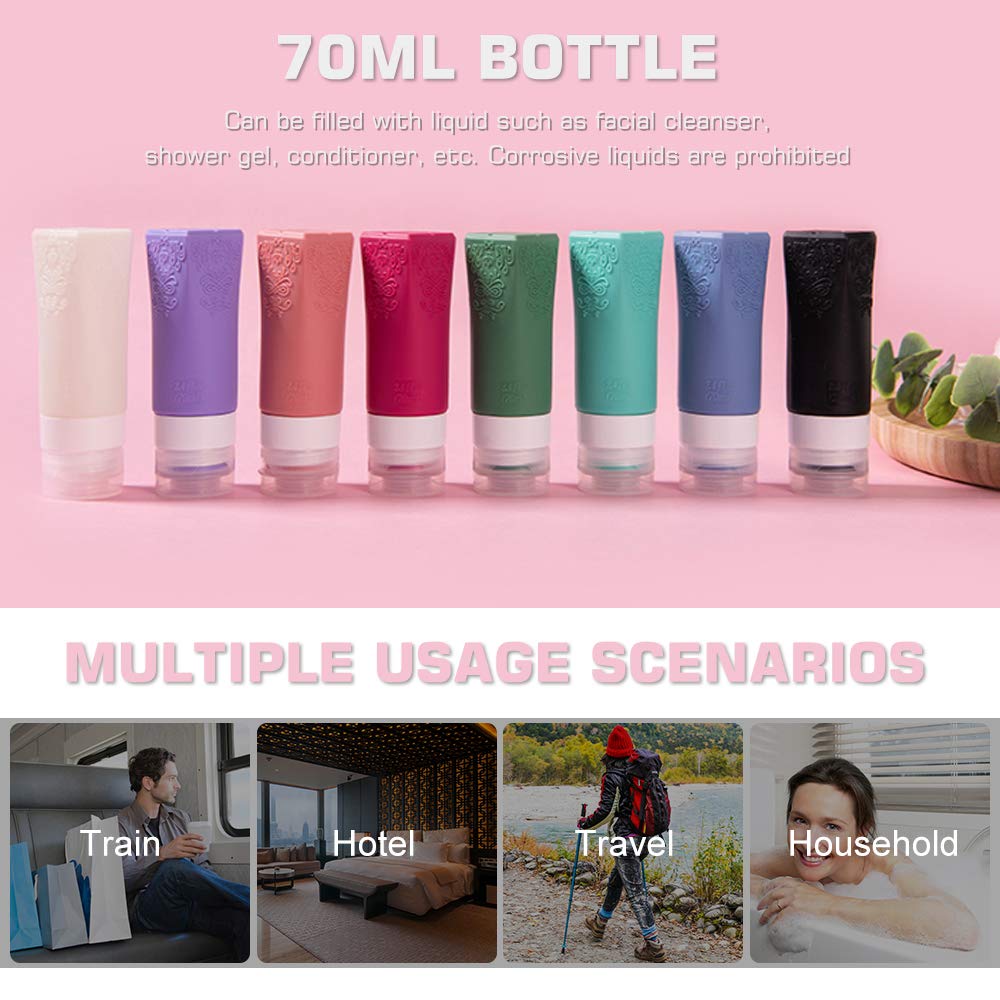 7 Pack Portable Travel Bottles Set,Refillable Cosmetic Containers Travel Containers,Leakproof Silicone Refillable,Squeezable Travel Containers for Cosmetic Shampoo Lotion Soap (2.4oz)