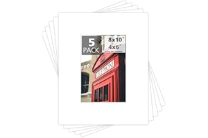 MBC Mat Board Center, Pack of 5, 8x10 for 4x6 White Photo Picture Mats - Acid Free, 4-ply Thickness, White Core - for Pictures, Photos, Framing