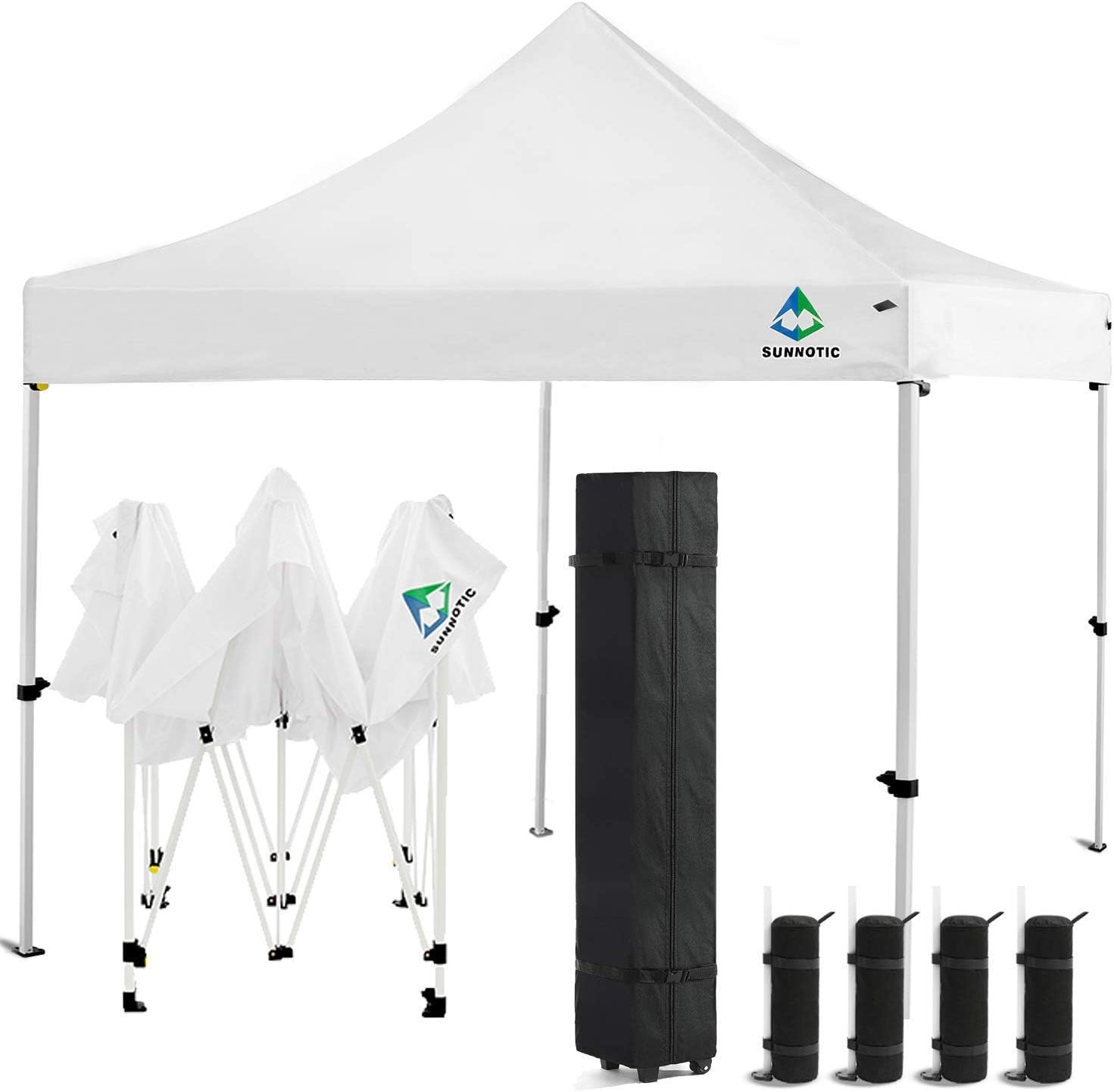 Sunnotic 10'x10' Canopy Tent Pop Up Canopy Portable Shade Instant Heavy Duty Outdoor Gazebo White Pop Up Tent with Carry Bag Bonus 4 SandBags Weight for Outdoor Wedding Party Tent Commercial BBQ Beach