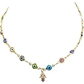 Mixed Color Evil Eye Chain Hamsa Pendant Necklace 17.5 Inches