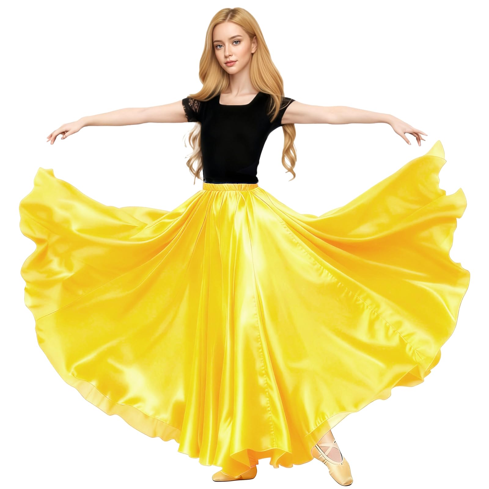 Baisdan Satin Skirt Belly Dance Costume Festival Maxi Full Long Swing Skirt Yellow