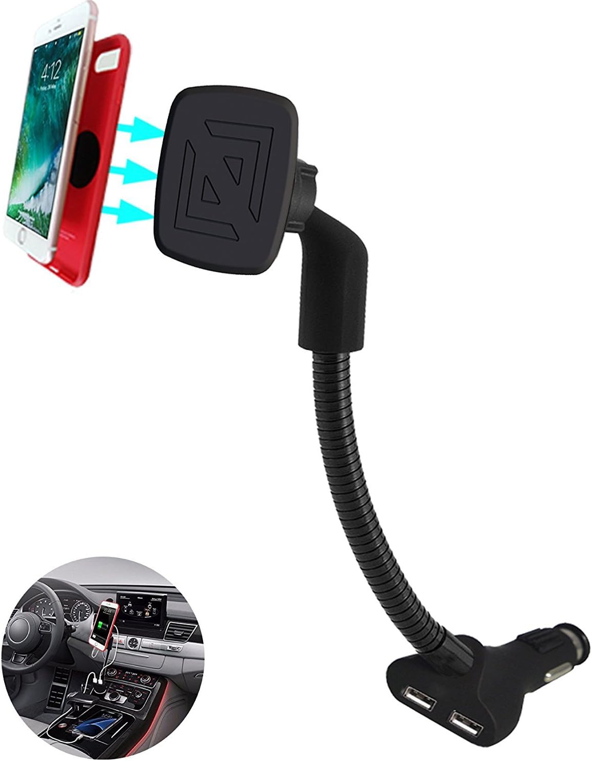 Airena Gooseneck Cell Phone Holder For Car, Car Phone Mount,Cigarette Car Phone Holder Charger For iPhone X 8 7 6s Plus & Galaxy S8 S7 Note 8 6 5 4 and iPod, MP3 & GPS Devices … (Magnet)