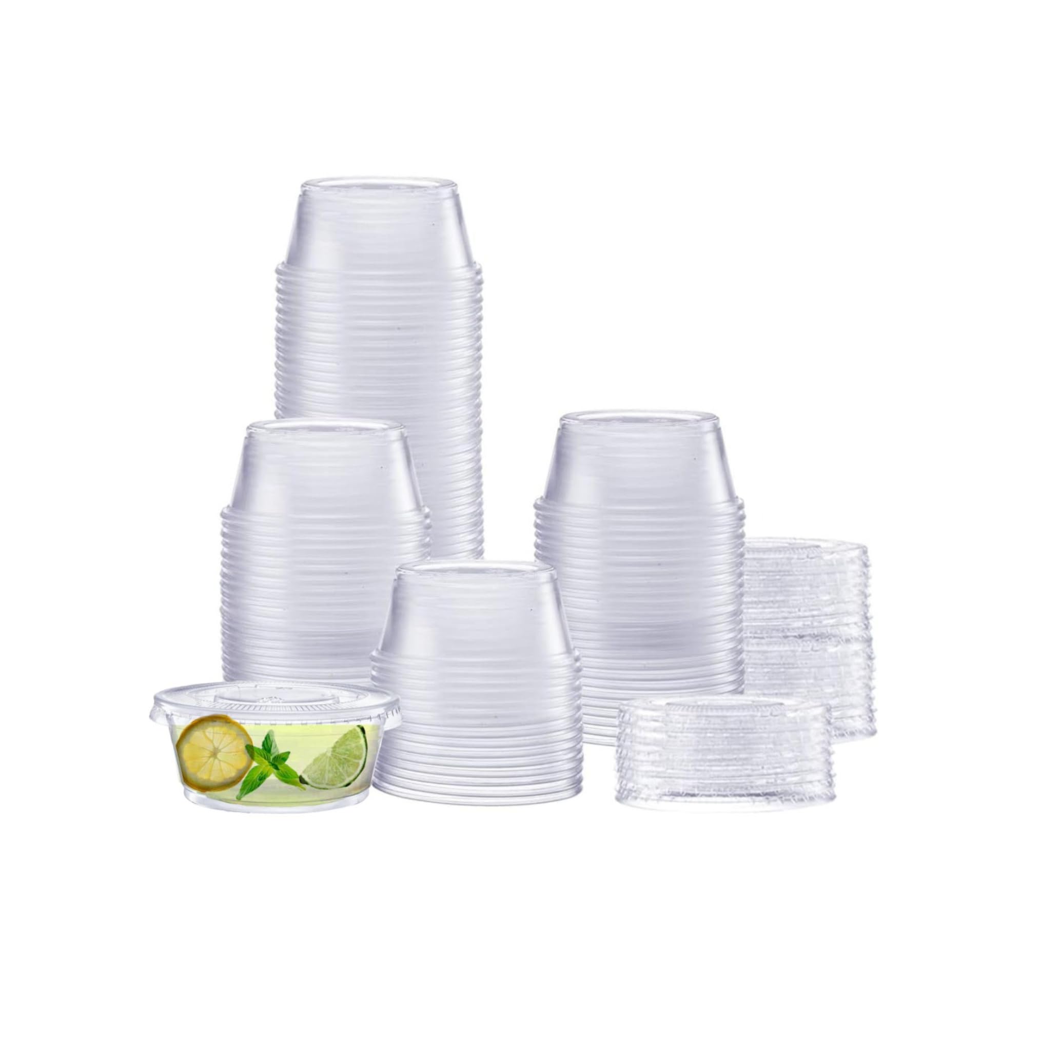 Photo 1 of Packer Mate [130 Sets - 3.25 oz] Portion Cups With Lids, Jello Shot Cups With Lids, Small Plastic Containers With Lids, Plastic Sauce Cups With Lids, Disposable Condiment Cups With Lids, Souffle Cups