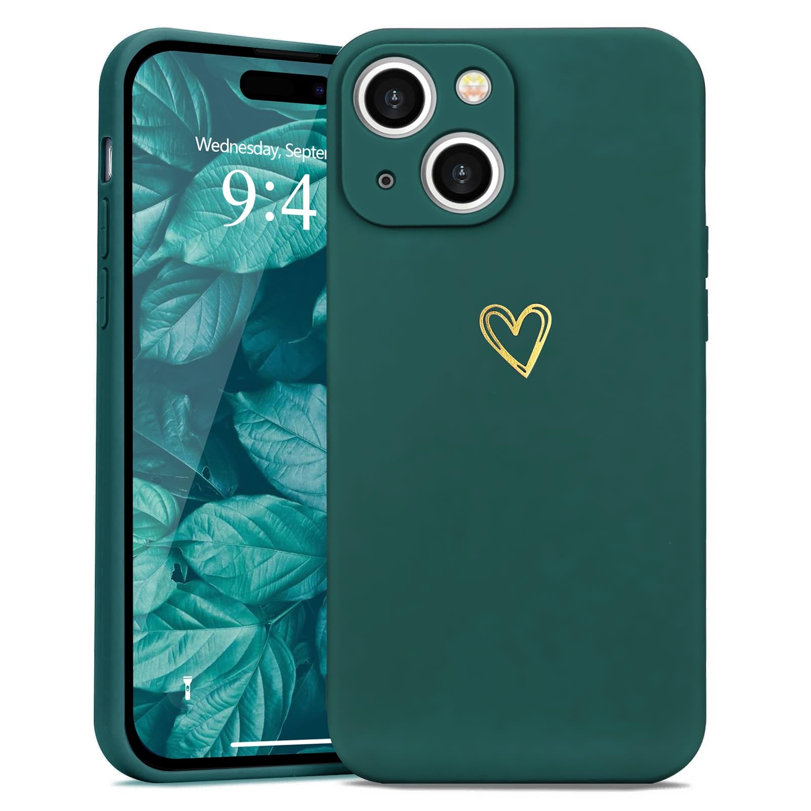 Wirvyuer for iPhone 15 Plus Case Cute Heart Pattern Soft Shockproof Protective Silicone Phone Case for Women Girls, Green — image 1