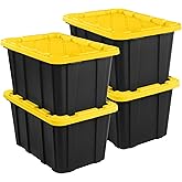 Sterilite Industrial Storage Tote with Lids for Garage, 27 Gallon, 4-Pack | Heavy-Duty and Stackable Utility Box Containers for Home, Office, and Basement Organization, Black/Yellow