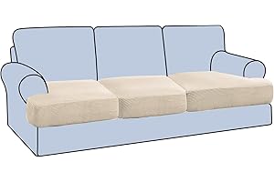 H.VERSAILTEX Stretch 3 Piece T Cushion Sofa Slipcovers Individually Sofa Cushion Covers for 3 Cushion Couch Sofa Seat Cushion Covers with Elastic Bands Featuring Thicker Jacquard Fabric, Natural