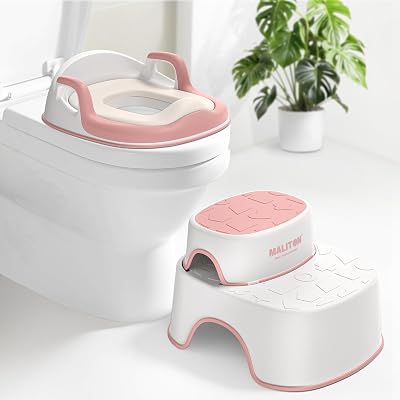 Maliton Toddler Toilet Seat with 2 Step Stool Pink | Anti-Slip Handles Splash