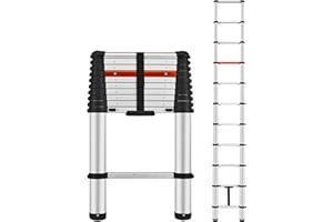 ICARRY Telescoping Ladder 10.8 FT Aluminum One-Button Retraction Telescopic Ladder, Soft Close Design Multi-Purpose Ladder w/Non-Slip Foldable Feet for RV, Household, Outdoor, 250lb Capacity