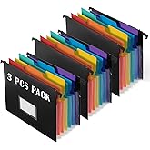 TRANBO 7-Pockets Hanging File Folder with Retractable Hooks for Filing Cabinet, Letter Size Expandable Accordion File Organizer with Elastic Band for File Frame or On-The-Go Use (3 Pack)