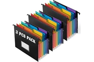 TRANBO 7-Pockets Hanging File Folder with Retractable Hooks for Filing Cabinet, Letter Size Expandable Accordion File Organizer with Elastic Band for File Frame or On-The-Go Use (3 Pack)