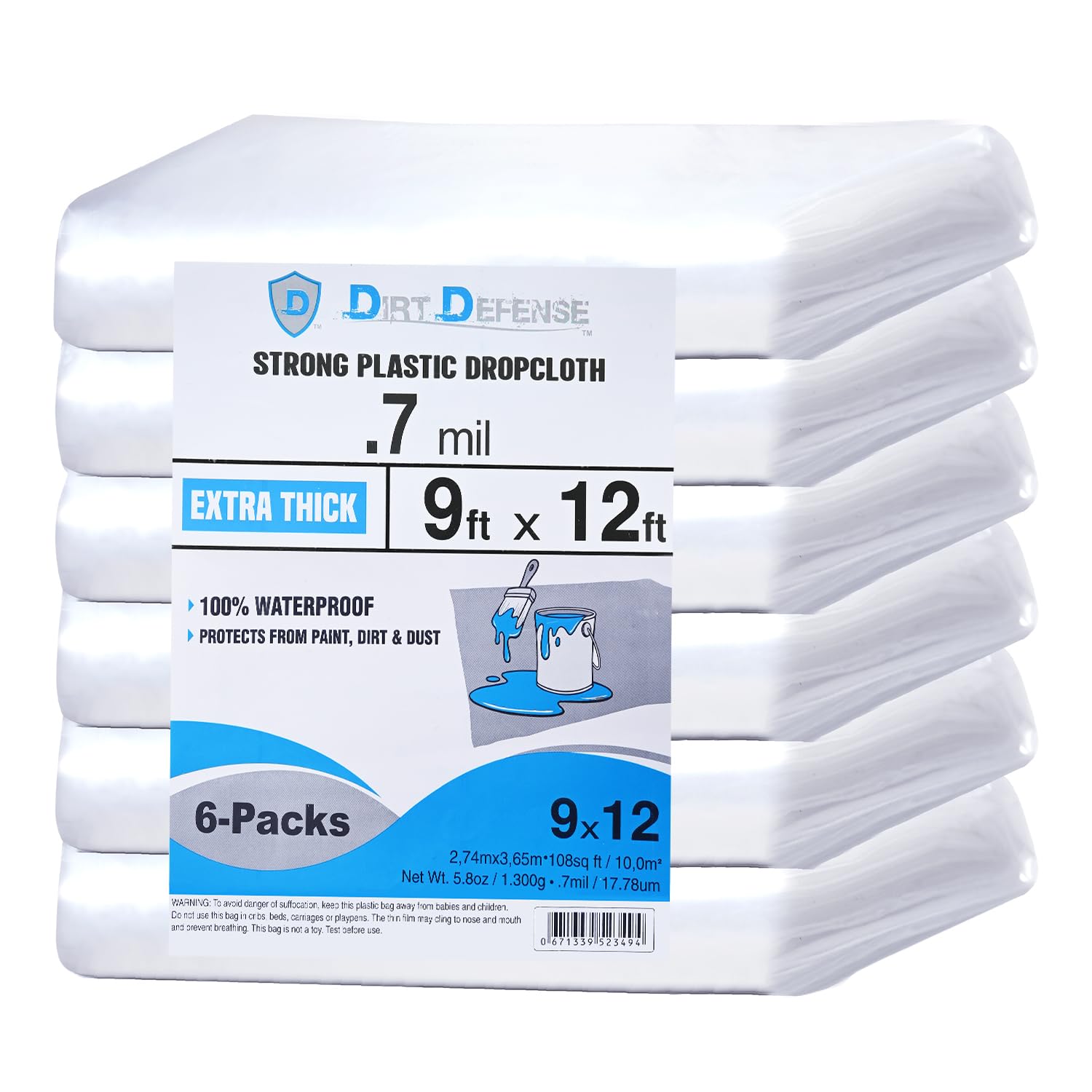 Photo 1 of Dirt Defence Plastic Drop Cloth, 9x12 Ft Plastic Sheeting for Painting, Waterproof & Dust-Proof,Tear-Resistance Plastic Tarp for Painting, Floor, Furniture Cover Thick & Durable (6 PCS)