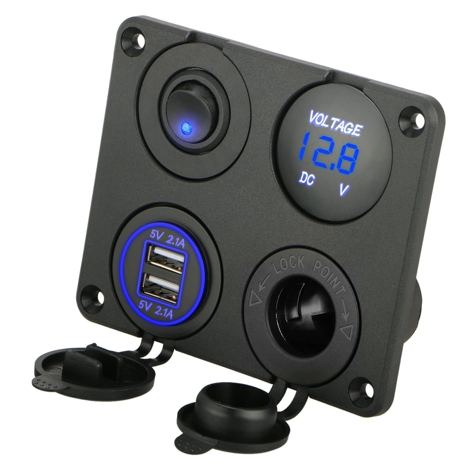 Linkstyle 4 in 1 12V Switch Panel, 4.2A Dual USB Outlet Charger Socket with Waterproof ON/OFF Rocker Switch, LED Digital Voltmeter & Cigarette Lighter Socket for Car Marine RV Boat Truck