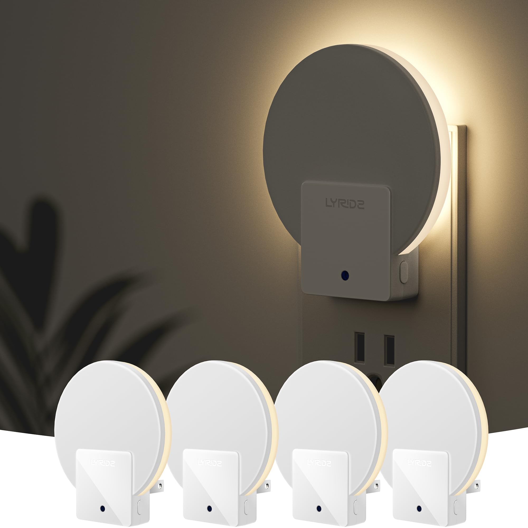 Photo 1 of ****ONLY HALF LEFT IN PACK**** Lyridz Plug in LED Backlit Night Light with Auto Dusk to Dawn Sensor, 1-50 LM Dimmable Warm White Nightlight Indoor for Bedroom, Bathroom, Kids Room, Pet House, Kitchen, Stairs, Hallway, 4 Pack