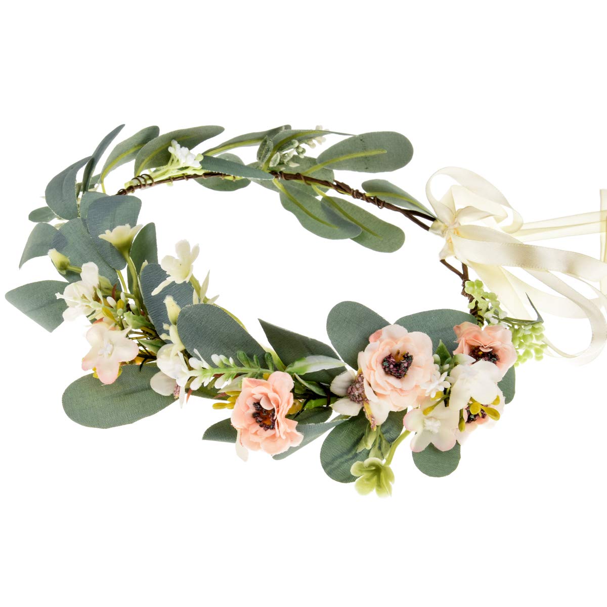 Baby Flower Crown Headband Boho Bridal Flower Wreath Eucalyptus Green Leaf Wedding Floral Garland Headpiece (pink)
