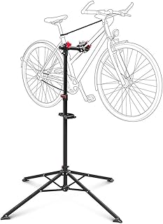 Relaxdays Fahrradmontageständer Reparaturständer mit Werkzeugablage – klappbar &amp; höhenverstellbar – schwarzer Montageständer vierbeinig stabil mit festem Stand – Stahl pulverbeschichtet