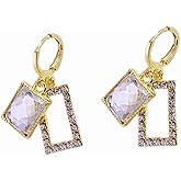 DIAMANTIO 18K Gold Plated Geometric Crystal Ear Clip Earrings – Statement Dangle Drop Design with Sparkling Rhinestone Accents