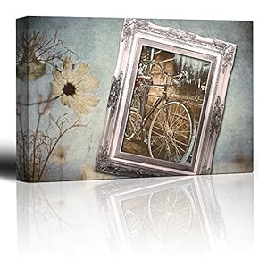 Antique Photograph of a Bicycle in a Frame Placed on a Floral Background - Canvas Art Home Art - 12x18 inches