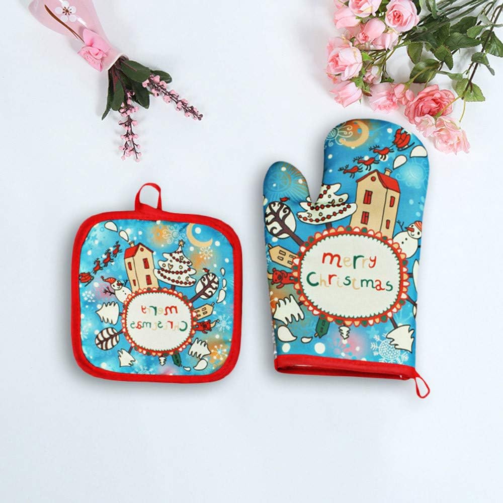 Huazi2 Christmas Santa Claus Print Baking Anti-Hot Gloves Oven Microwave Insulation Mat Xmas Supply 2pcs