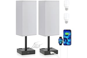 aooshine Black Base Gray Shade Set of 2 Touch Lamp with USB Port-Nightstand Lamp with USB-C+A Charge Ports& AC Outlets, 3-Way Dimmable Bedside Lamp, Small Table Lamp for Bedroom (Bulbs Included)