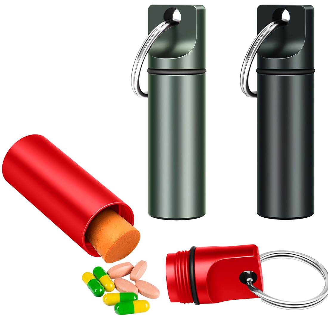 Photo 1 of 3 Packs Keychain Pill Holder, EFFIET Waterproof Small Pill Fob Travel Medicine Case for Purse, Mini Tablet Container Organizer Pocket for Men & Women (Matt-Black-Red)
