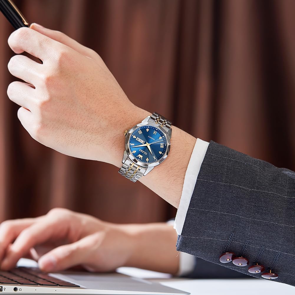 OLEVS Uhr Herren Luxus Diamant Edelstahl Wasserdicht Analog Datumsanzeige Business Original Blau Armbanduhr Herren 6