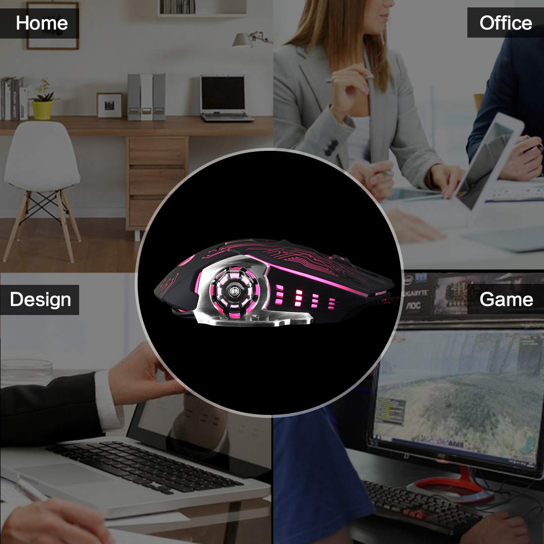 Inphic Gaming Mouse, Silent Click USB Optical Wired PC Laptop Computer Gaming Mouse 4800DPI Ergonomic Mice with 6 Programmable Buttons,4 DPI Adjustment, RGB Breathing LED