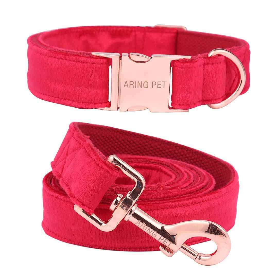 ARING PET Red Dog Collar and Lead, Velvet Collar and Leash Set, Comfortable Collar and Lead with Adjustable Metal Buckle for Boys&Girls Dogs, Medium