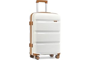 Kono Carry On Luggage Hard Shell Travel Trolley 4 Spinner Wheels Lightweight Polypropylene Suitcase with TSA Lock (Checked-Medium 24-Inch, Cream White)