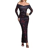 ABMOIU Women's Off The Shoulder Maxi Dress Long Sleeve Rhinestone Mesh Ruched Party Wedding Guest Dresses