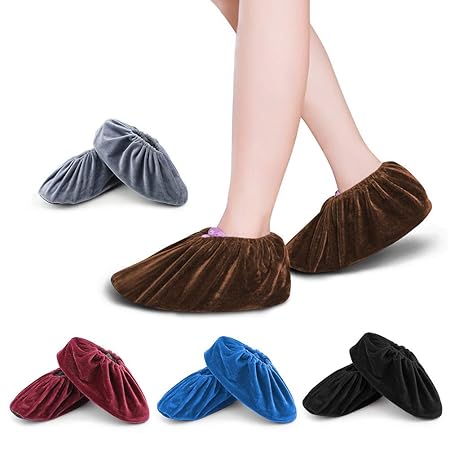 FOCCTS 5 Paare Schuhüberzieher Anti-Rutsch Sohle 5 Farbige Flanell Schuh Bedeckung Staubfrei Überschuhe für Haushalt Wiederve